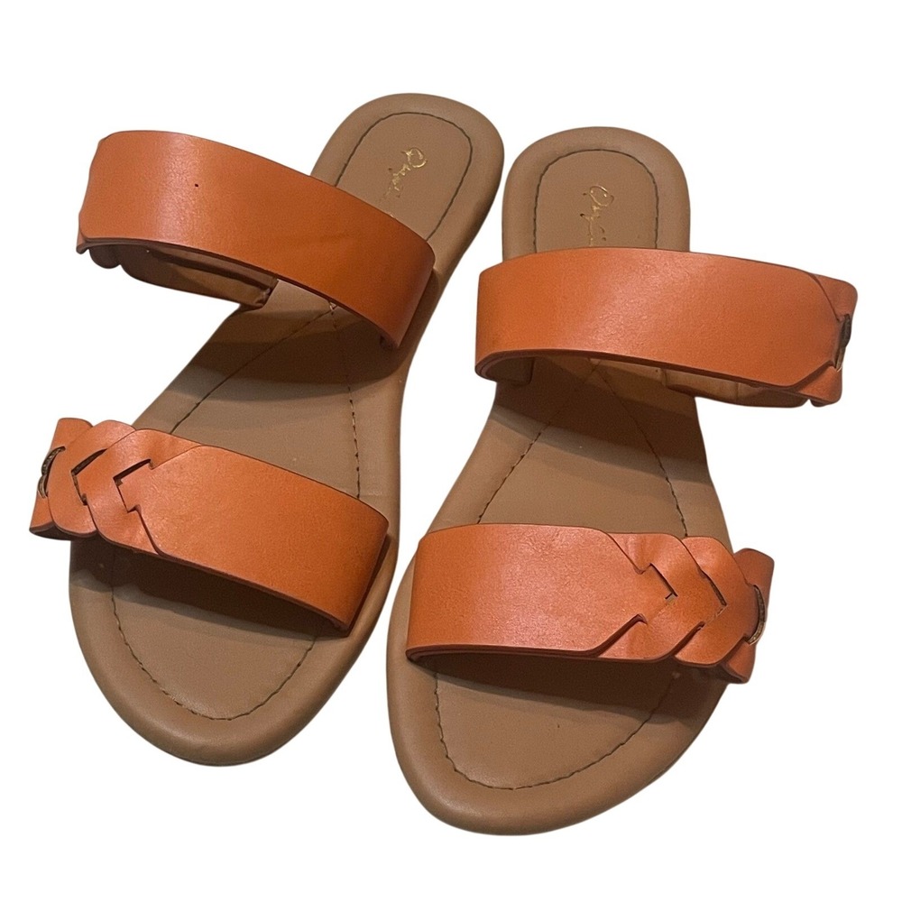 Qupid Womens Summer Casual Lounge Double Strap Slip On Flat Sandal Orange Size 8